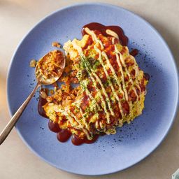 Pork Omurice (Japanese Pork Fried Rice Omelette With Okonomiyaki Sauce)