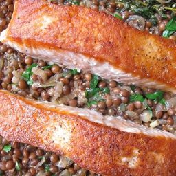 One-Skillet Crispy Salmon with Mustardy Lentils Recipe