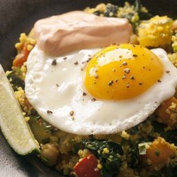 Braised Chickpeas and Vegetables with Couscous, Harissa Yogurt, and Soft Eggs from &#39;Flour, Too&#39;