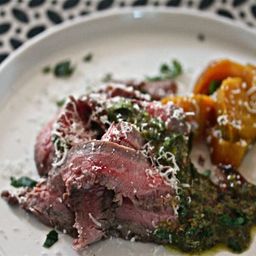 Grilled Flank Steak with Pistachio-Mint Pesto and Roasted Beets Recipe
