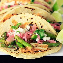 Charred Asparagus Tacos With Creamy Adobo and Pickled Red Onions Recipe