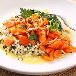 Orange-Glazed Carrots With Ramp Barley and Spinach Recipe